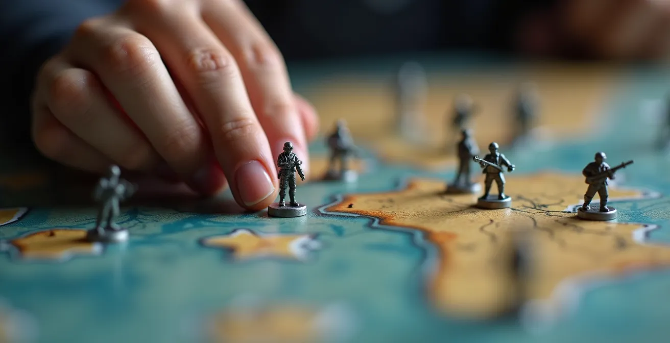 Gros plan macro sur une main positionnant une figurine d'éclaireur sur une carte stratégique