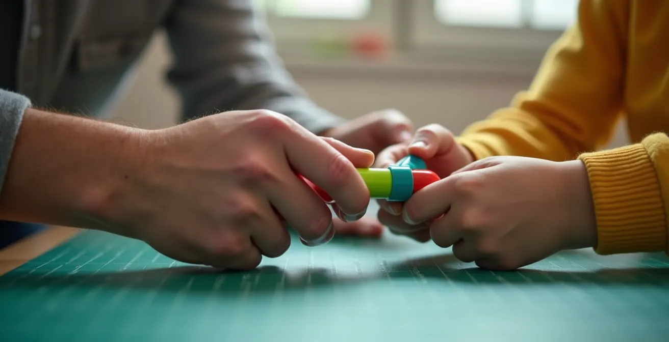 Gros plan sur des mains d'adulte guidant les mains d'un enfant manipulant prudemment un outil