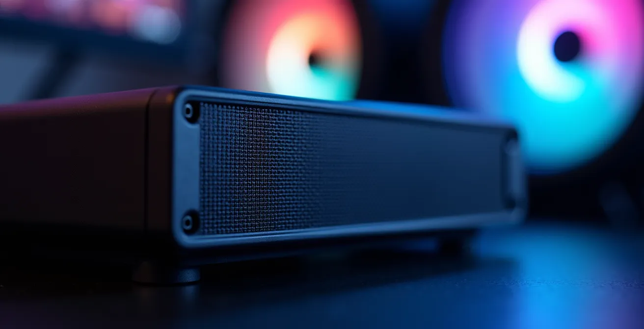 Configuration gaming minimaliste dans un petit studio avec PC compact et rangements verticaux