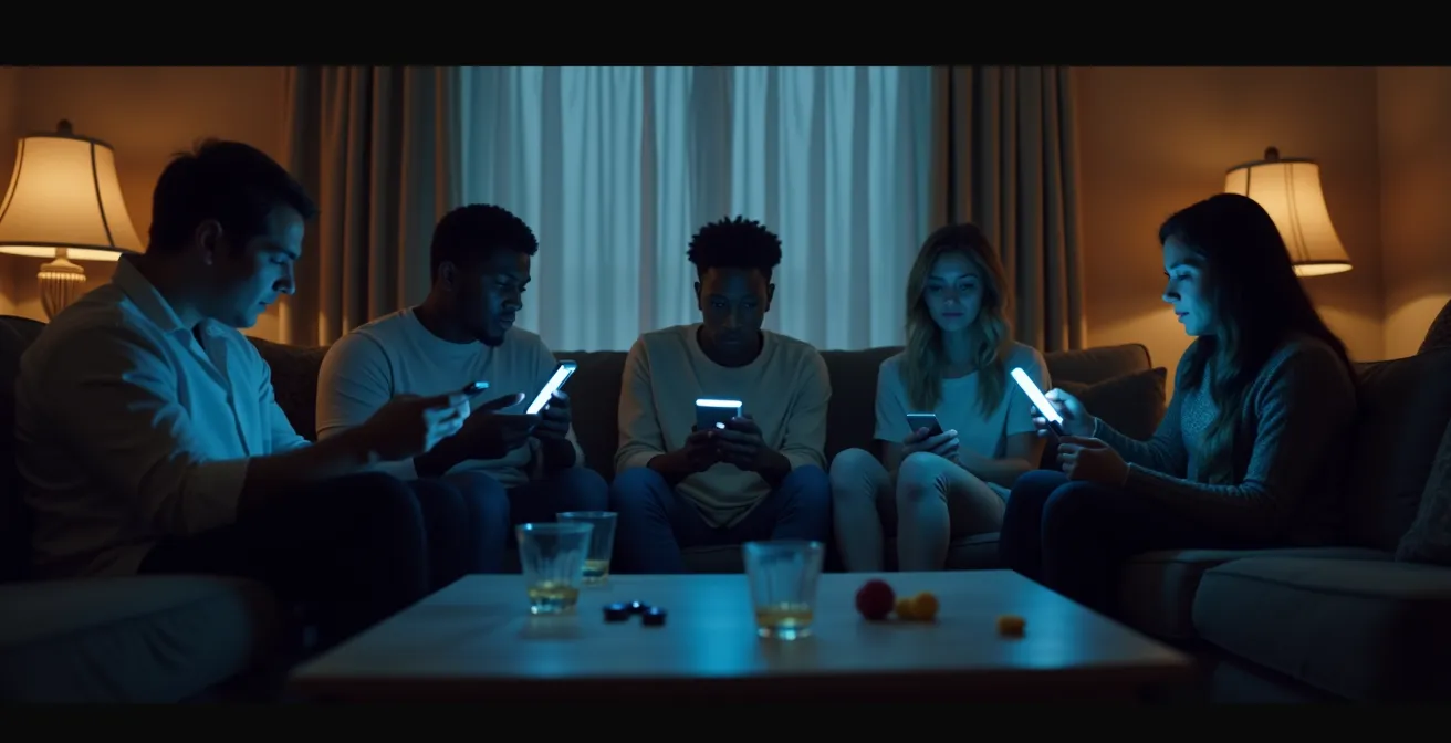 Un groupe de personnes dans un salon, absorbées par leurs téléphones, illustrant une baisse d'énergie sociale.