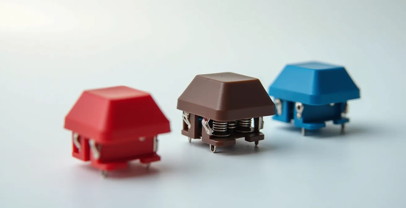 Gros plan macro sur trois switches mécaniques de couleurs différentes avec ressorts visibles