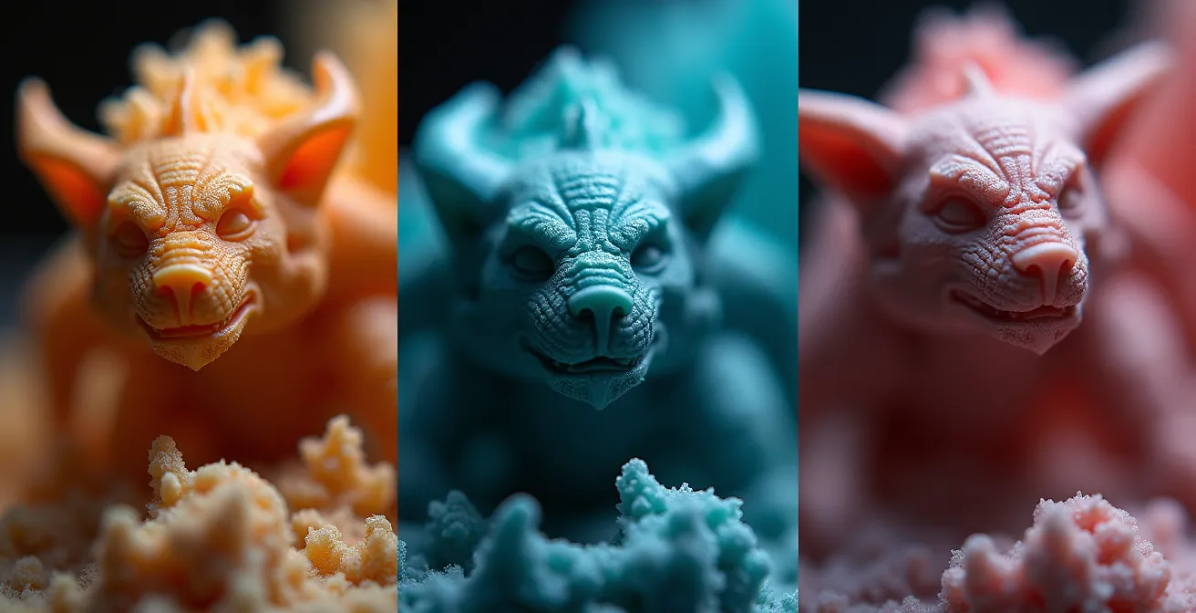 Gros plan macro sur différentes textures de finition de figurines imprimées en 3D montrant les techniques de lissage