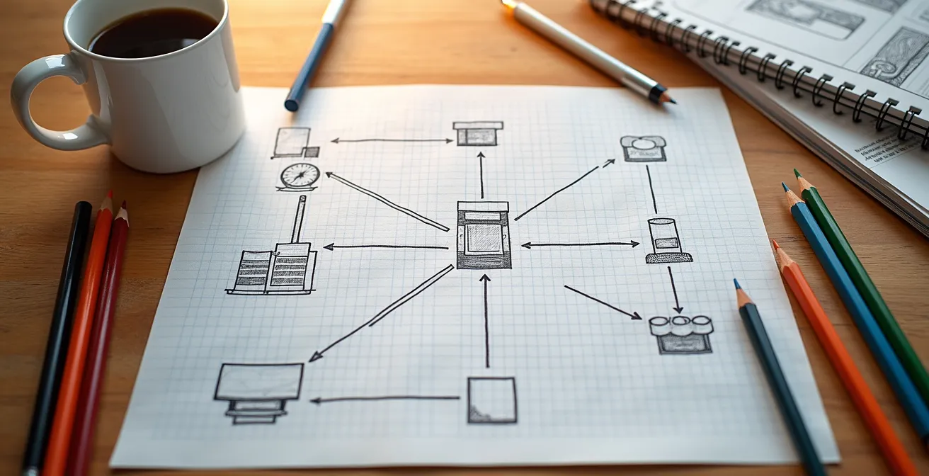 Représentation visuelle d'une usine Factorio schématisée sur papier avec des connexions logiques