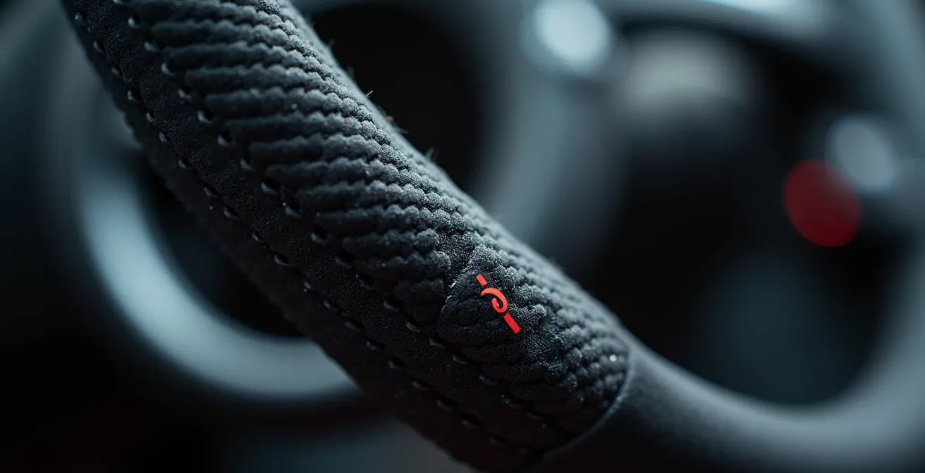 Gros plan macro sur les boutons et textures d'un volant Direct Drive professionnel