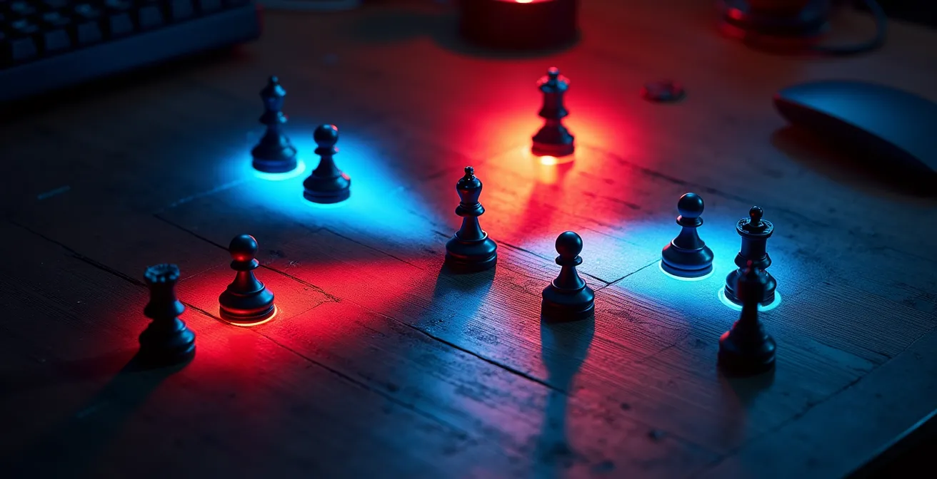 Vue aérienne d'une carte de jeu avec zones de danger colorées et trajectoires de joueurs