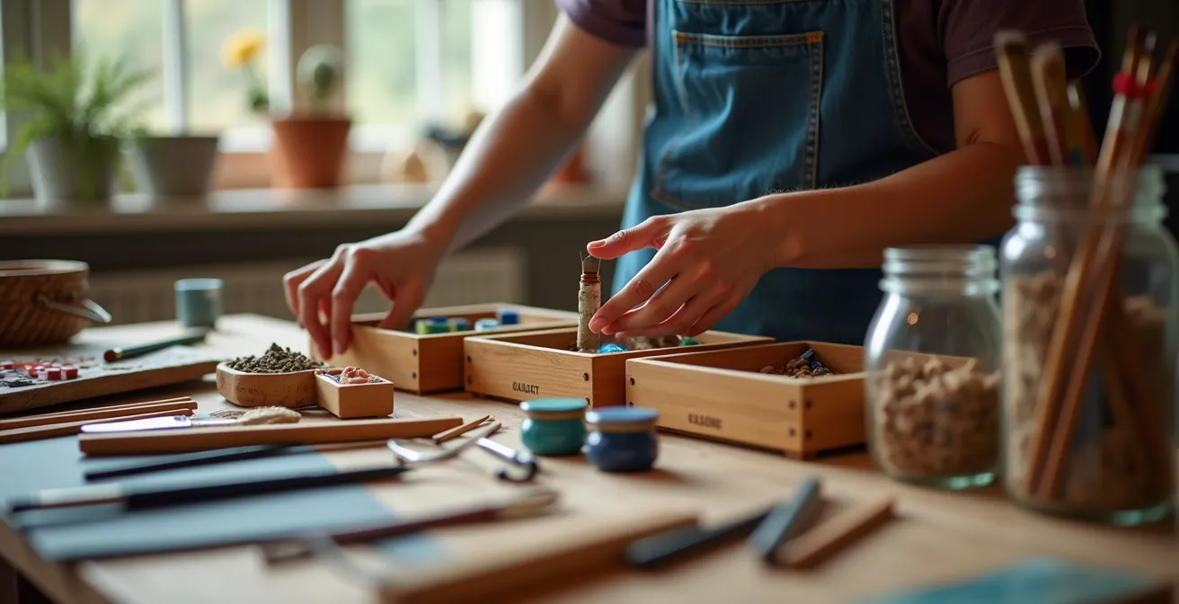 Vue aérienne d'un atelier d'artiste avec zones de travail clairement délimitées